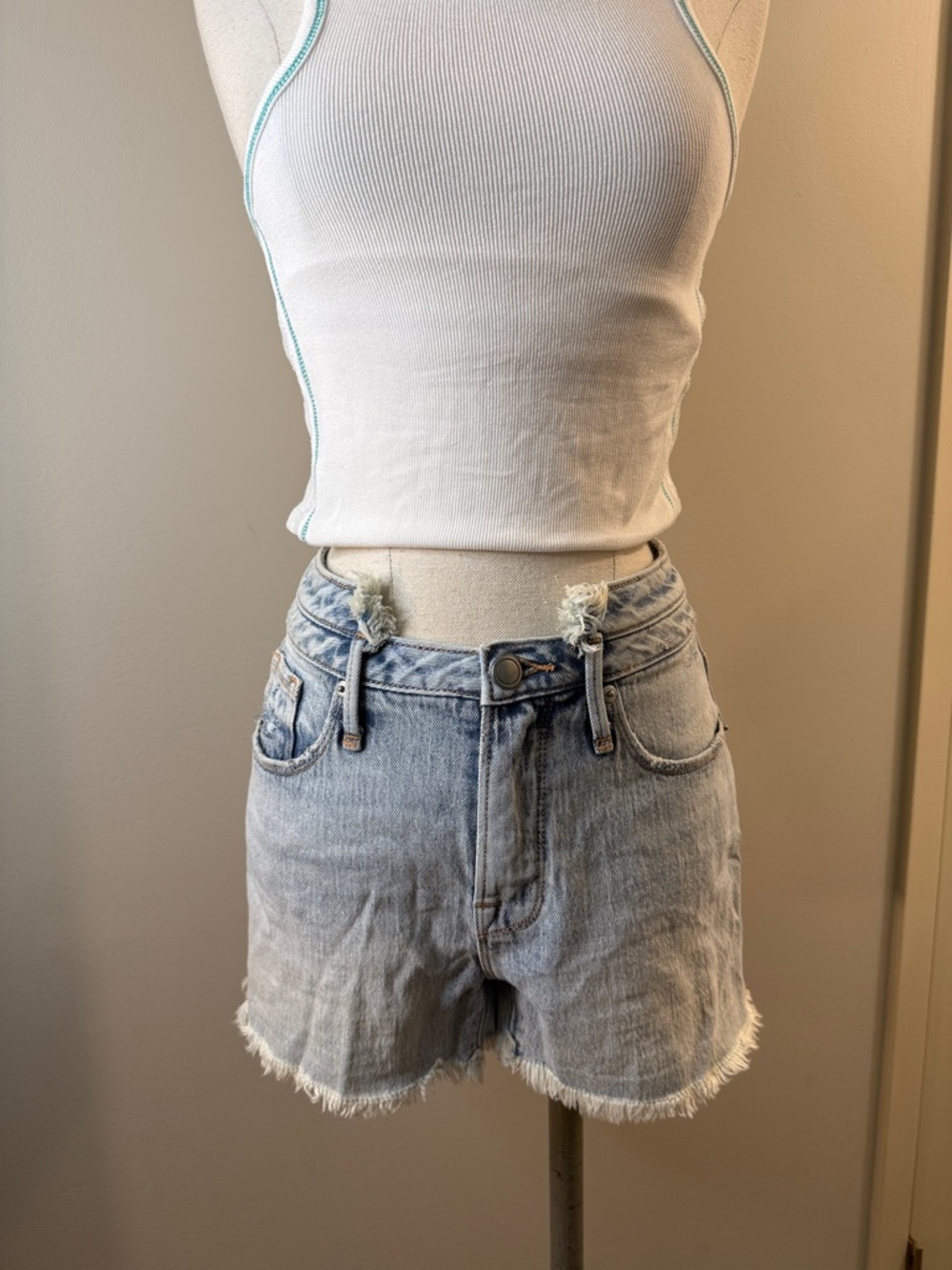 Good American Light Blue Frayed Hem Denim Shorts